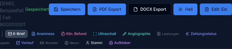 Originalausschnitt des Arztbrief-Editors mit der nach einer tatsächlichen Demo-Speicherung angezeigten Bestätigung „Gespeichert“.