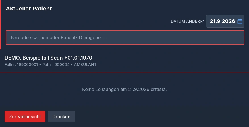 Barcode-Erfassung in DOLEKAS mit einem aufgerufenen Demonstrationsfall.