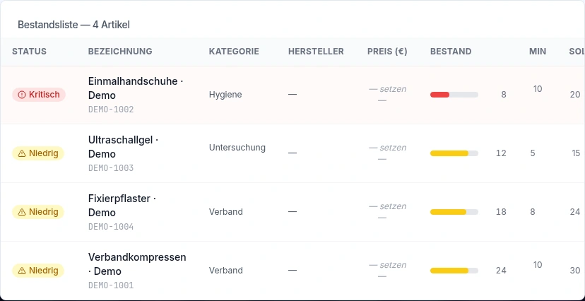 Echte DOLEKAS-Bestandsliste mit vier Beispielmaterialien, Kategorien und farbigen Bestandshinweisen.
