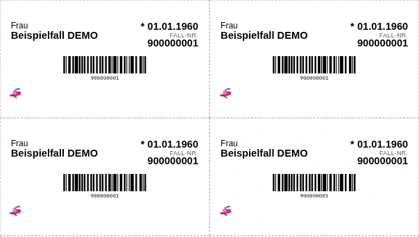 Druckansicht von vier Patientenaufklebern mit ausdrücklich fiktiven Demo-Angaben und Barcodes.