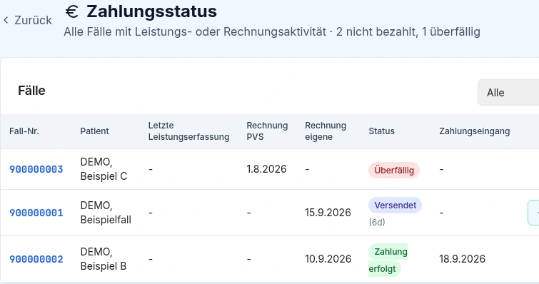 DOLEKAS-Rechnungsübersicht mit überfälligem, versendetem und bezahltem Demonstrationsfall.