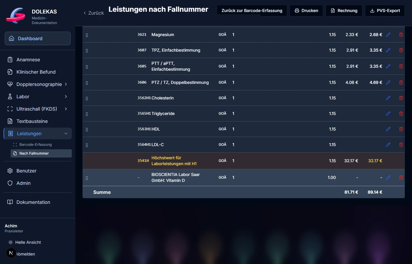Originale DOLEKAS-Leistungsübersicht mit GOÄ-Ziffern, Faktoren, H1-Höchstwert, Summen sowie Rechnungs- und PVS-Export.