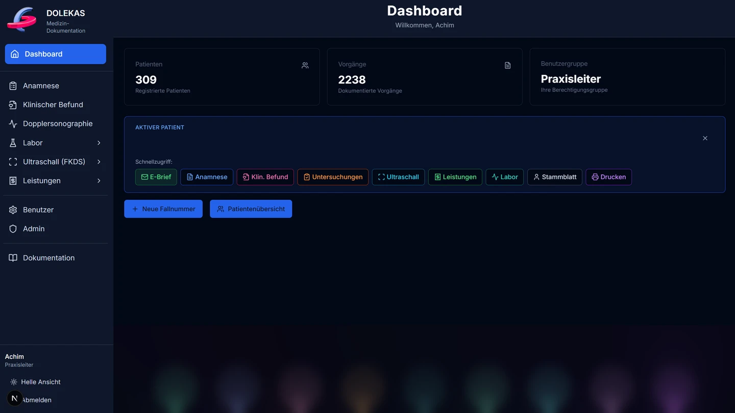 Originales DOLEKAS-Dashboard mit Modulnavigation und fallbezogenem Schnellzugriff auf E-Brief, Anamnese, Untersuchungen, Ultraschall, Leistungen und Labor.